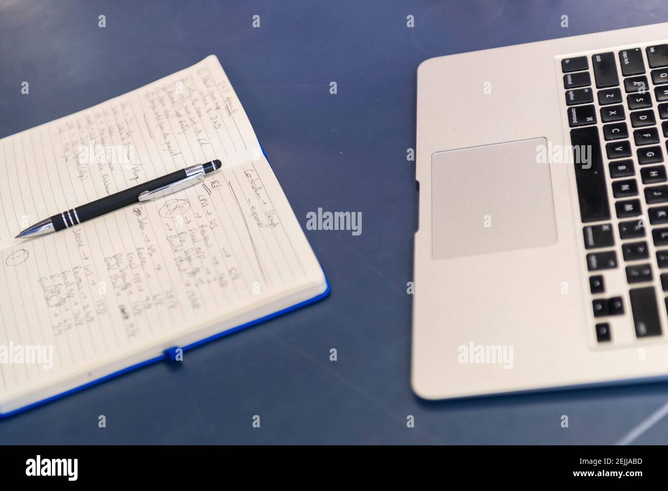 A note pad and pen on a table / desk which has notes and ideas next to a laptop Stock Photo