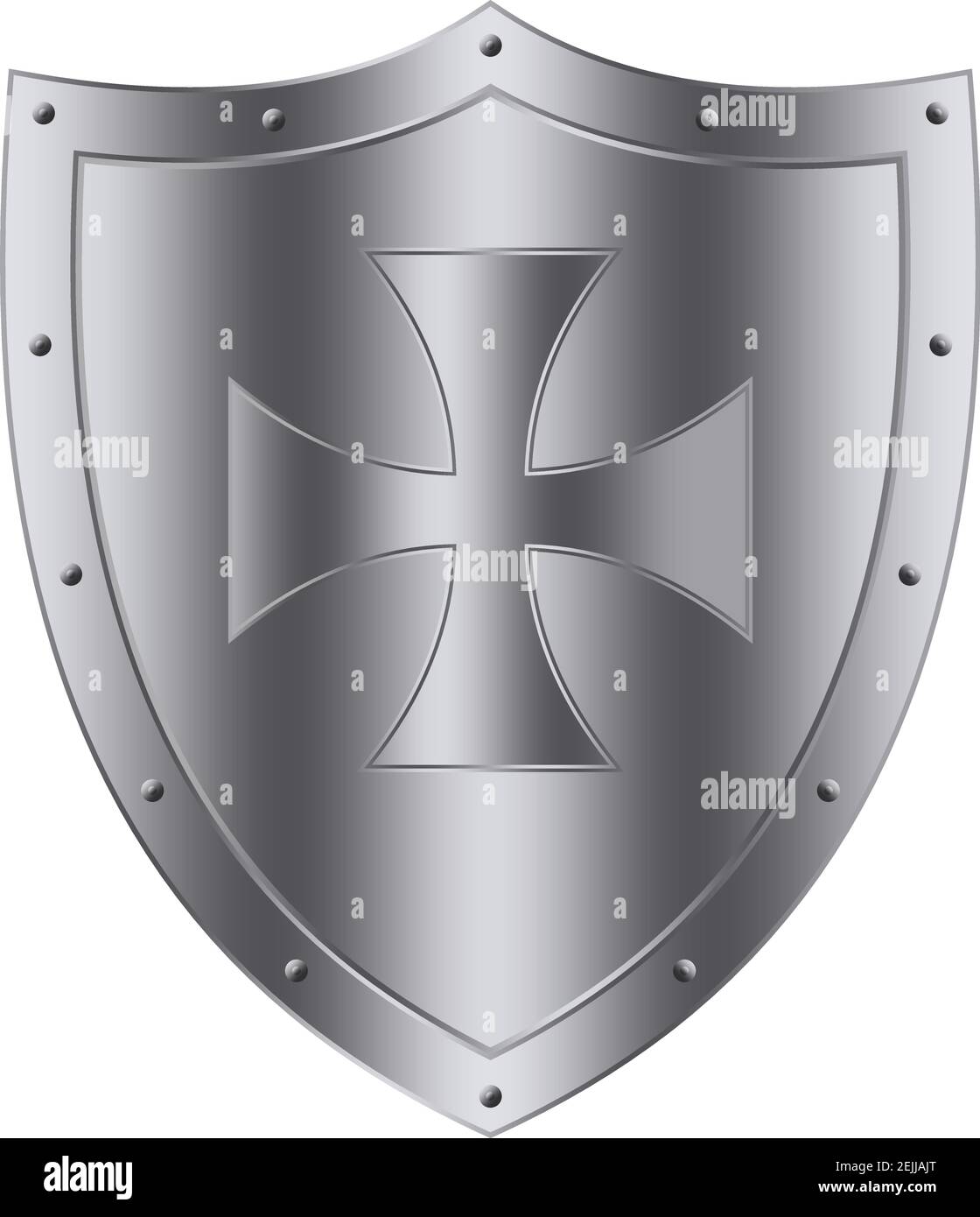 Medieval Knight Shield vector in silver on white isolated background. Stock Vector