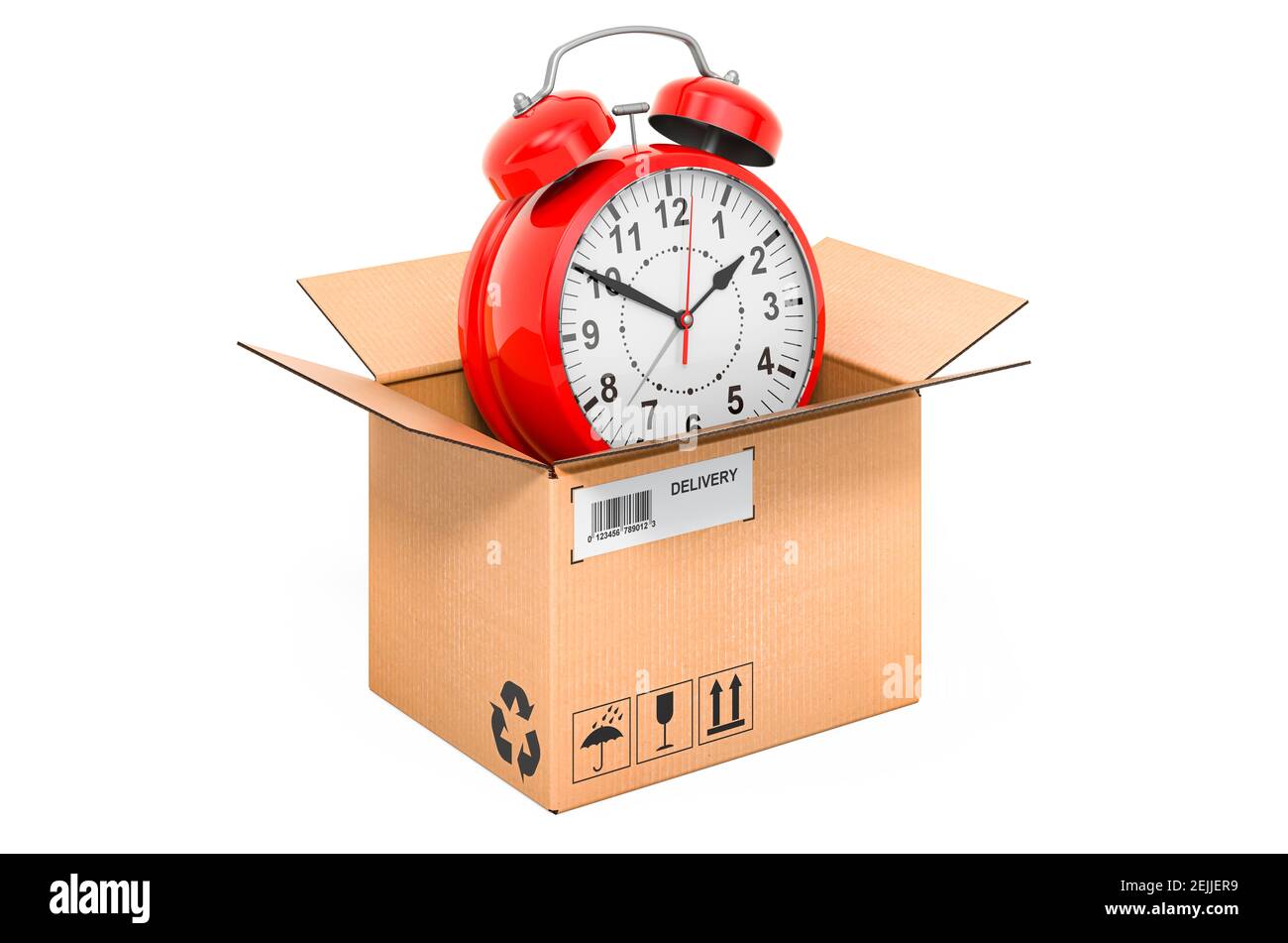 Alarm clock inside cardboard box, delivery concept. 3D rendering isolated on white background Stock Photo