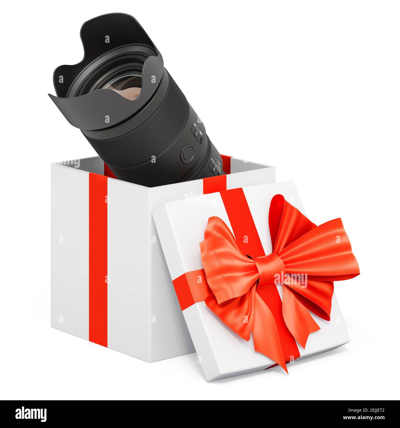Camera lens inside gift box, present concept. 3D rendering isolated on