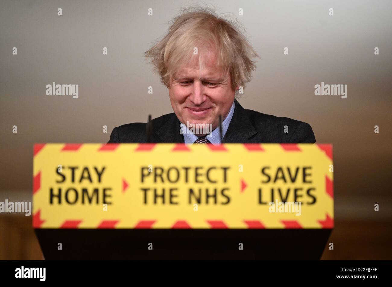 Prime Minister Boris Johnson during a media briefing in Downing Street, London, on coronavirus (Covid-19). Picture date: Monday February 22, 2021. Stock Photo