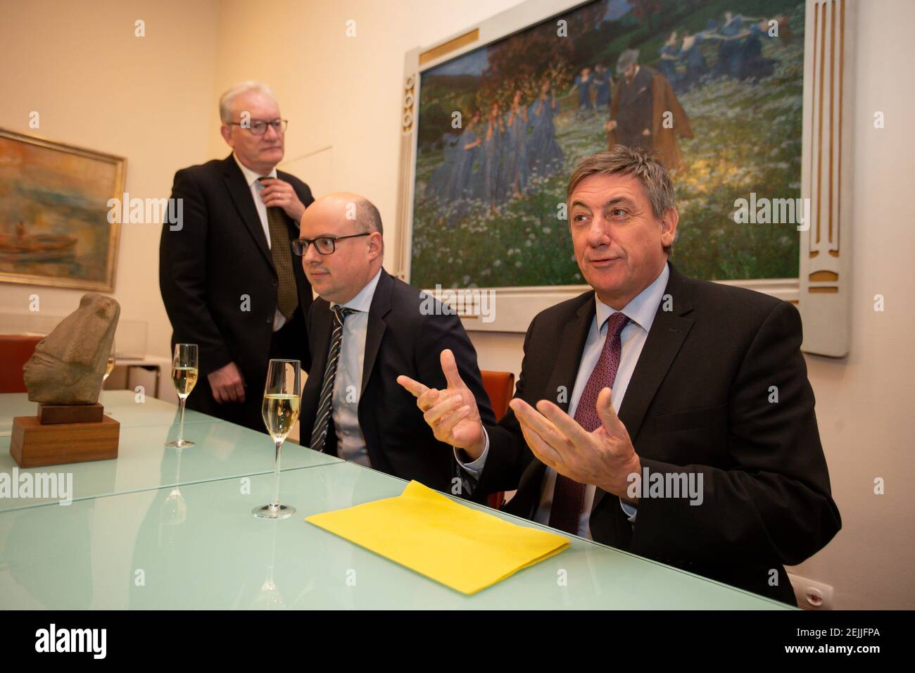 Flemish Minister President Jan Jambon (R) pictured during a visit to the  expo 'Rubens, Van Dyck and the Splendour of Flemish Painting' at the  Budapest Museum for Fine Arts, during the visit