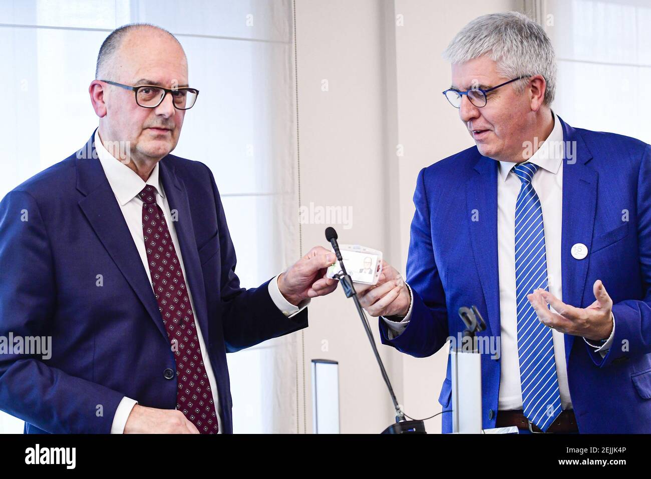 ATTENTION EDITORS - EMBARGO TILL 13 FEBRUARY 2020 - 18:00h Brussels time - New FEB-VBO president Bart De Smet and FEB-VBO CEO Pieter Timmermans pictured during the presentation of the new chairman of the VBO-FEB (Federation of Enterprises in Belgium - Verbond van Belgische Ondernemingen - Federation des Entreprises de Belgique) in Brussels, Thursday 13 February 2020. BELGA PHOTO LAURIE DIEFFEMBACQ (Photo by LAURIE DIEFFEMBACQ/Belga/Sipa USA) Stock Photo