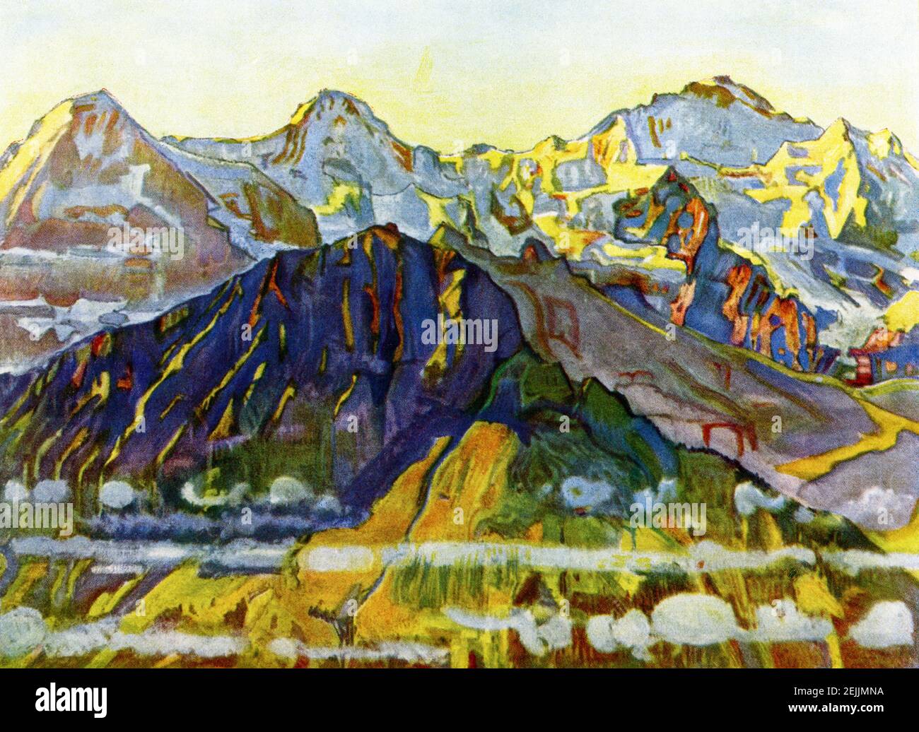 This image shows  the Eiger Monch  Und Jungfrau (Eiger, Monch, and Jungfrau Mountains in the Bernese Alps) by Ferdinand Hodler, which is in a private collection  in Ruti in the Canton of Zurich. This painting  was created in 1908 by Ferdinand Hodler  (1853-1918) in Symbolism style. He was one of the best-known Swiss painters of the 19th century. His early works were portraits, landscapes, and genre paintings in a realistic style. Later, he adopted a personal form of symbolism which he called 'parallelism.” Stock Photo