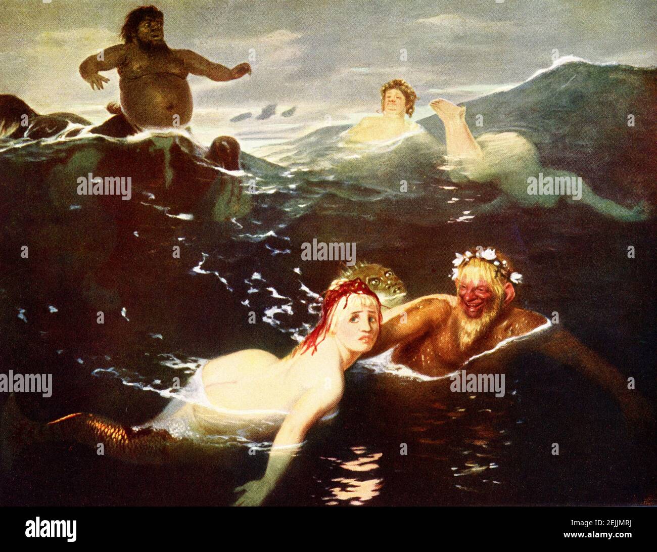 This images shows Spiel der Wellen  (Playing in the Waves) by Arnold Bocklin, housed in the Neue Pinokothek in Munich, Germany. It was created in 1883. A rather ordinary episode in the artist’s life appears to have provided the immediate inspiration for this composition. Böcklin had been swimming in Italy with the family of Anton Dohrn, the zoologist who commissioned Hans von Marées’s Oarsmen. Dohrn dove into the waves, swam some distance underwater, and suddenly resurfaced near the women in the bathing party. The ladies’ surprise caught Böcklin’s fancy, and he decided to portray a similar sce Stock Photo