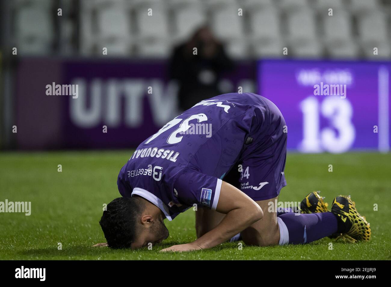 Beerschot's Tarik Tissoudali celebrates after scoring during a soccer