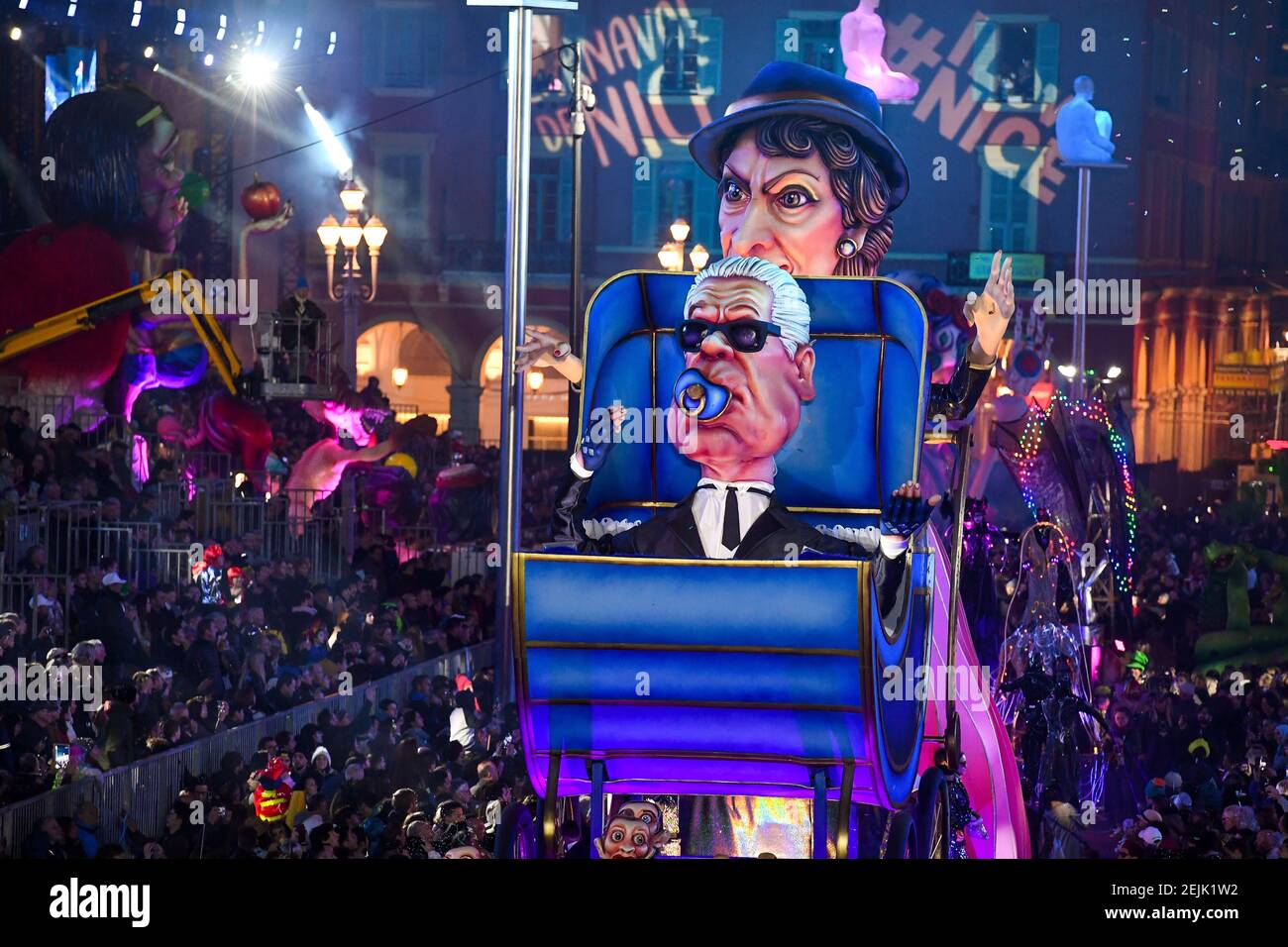 Queen" Coco Chanel and Prince Karl Lagerfeld - Le corso du Roi de la Mode -  Costumed revellers, puppets, parades, flowers and floats are seen on Feb.  15, 2020 in Nice, France