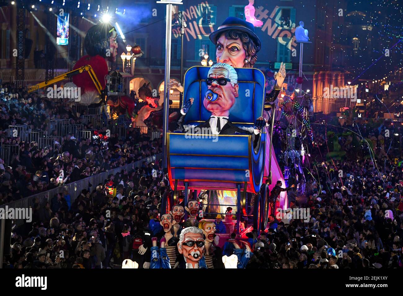 Queen" Coco Chanel and Prince Karl Lagerfeld - Le corso du Roi de la Mode -  Costumed revellers, puppets, parades, flowers and floats are seen on Feb.  15, 2020 in Nice, France