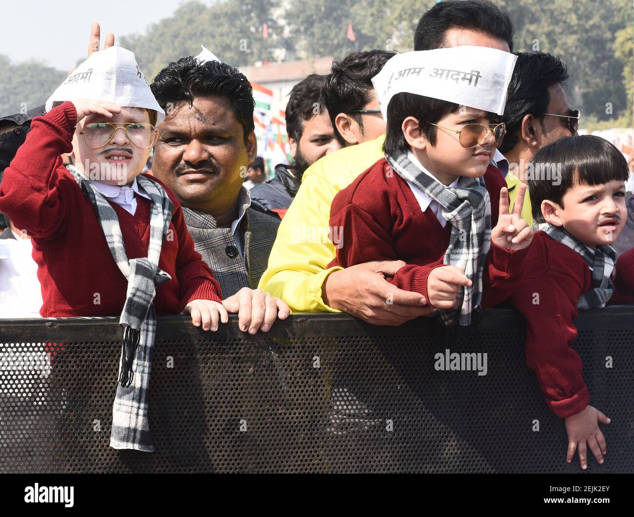 NEW DELHI, INDIA – FEBRUARY 16: Children dressed up as Aam Aadmi Party (AAP)  chief Arvind Kejriwal during the oath ceremony of Delhi, at Ramlila Maidan,  on February 16, 2020 in New
