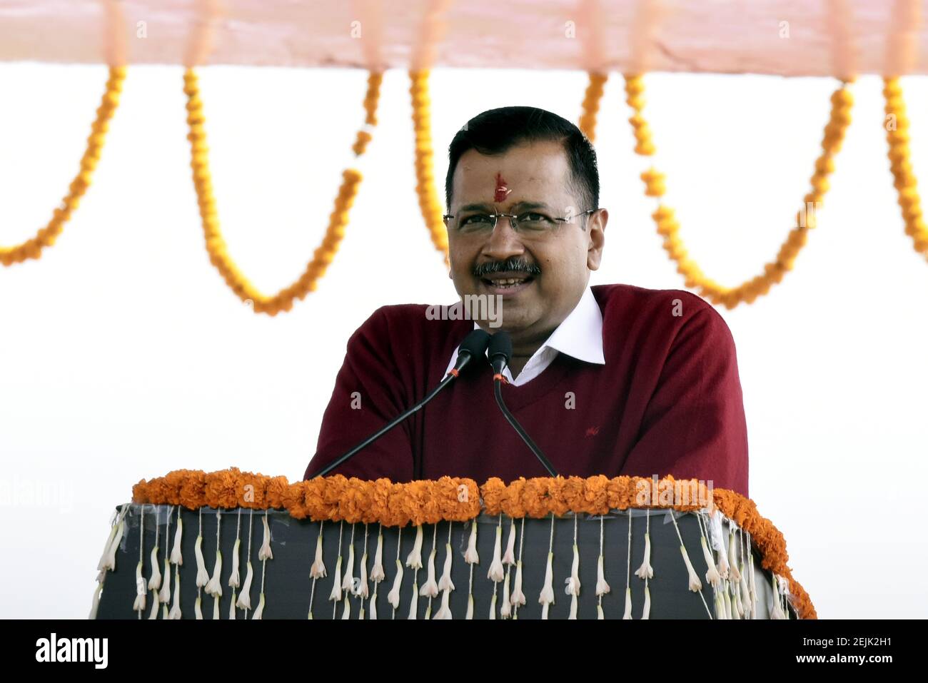 NEW DELHI, INDIA – FEBRUARY 16: AAP convener Arvind Kejriwal addresses the  gathering during his speech after he was sworn-in as the Chief Minister of  Delhi for the third time, at Ramlila