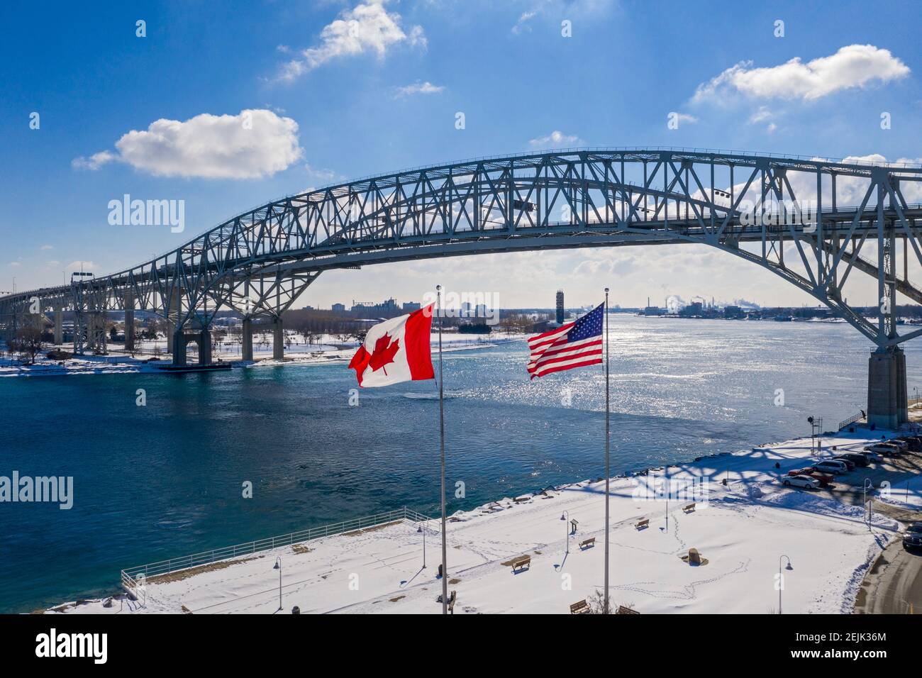 Port Huron, Michigan The flags of the U.S. and Canada fly at the Blue