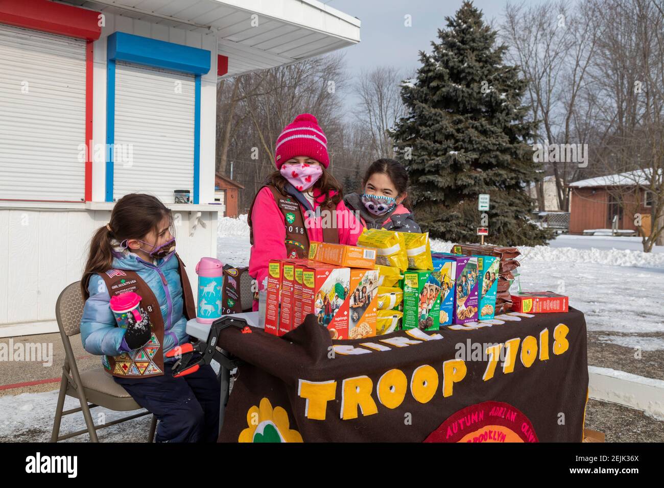 New Baltimore, Michigan - Girl Scouts brave frigid temperatures to sell cookies along a Michigan highway. Stock Photo