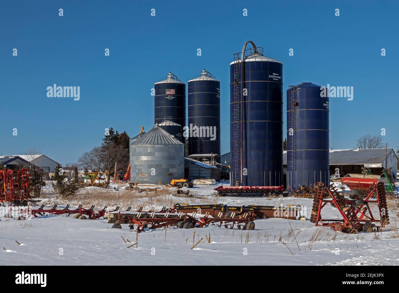 Applegate, Michigan - Harvestore silos on a Michigan farm in winter. Stock Photo