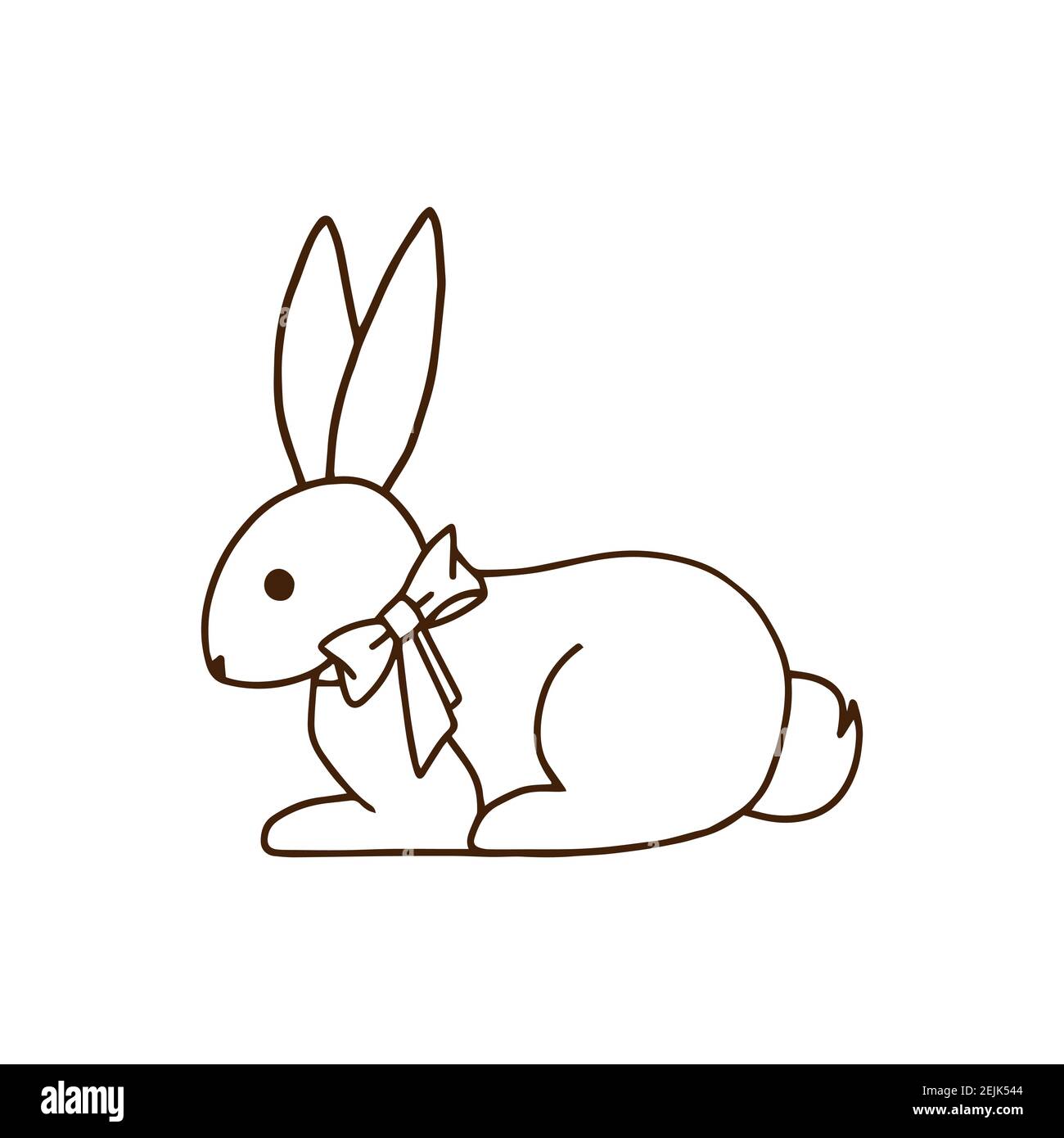 Contour drawing of a cute rabbit with a bow. Doodles for your creativity. Suitable for childrens coloring pages or Easter cards. Hand-drawn vector ill Stock Vector