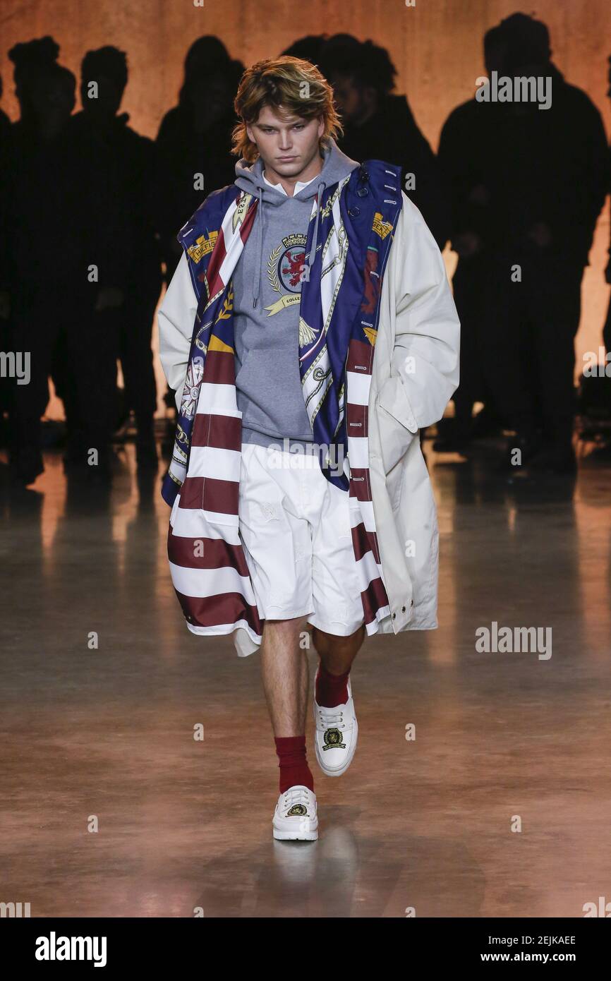 Model Jordan Barrett walks on the runway at the Tommy Hilfiger fashion show  during Fall / Winter