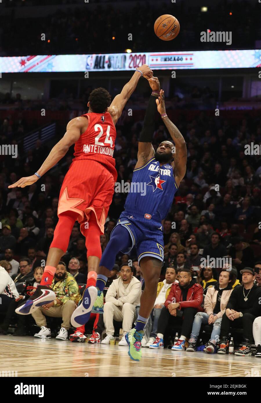 Giannis Antetokounmpo of Team Giannis blocks a shot attempt from LeBron James of Team LeBron in the fourth quarter of the NBA All Star Game on Sunday Feb. 16 2020 at the United