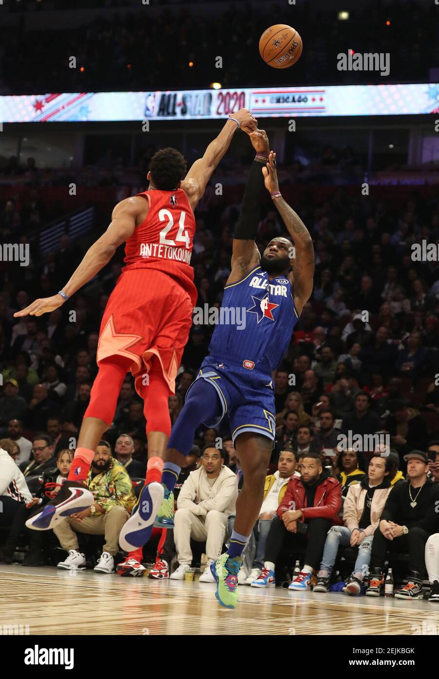 Giannis Antetokounmpo of Team Giannis blocks a shot attempt from LeBron  James of Team LeBron in the fourth quarter of the NBA All-Star Game on  Sunday, Feb. 16, 2020 at the United