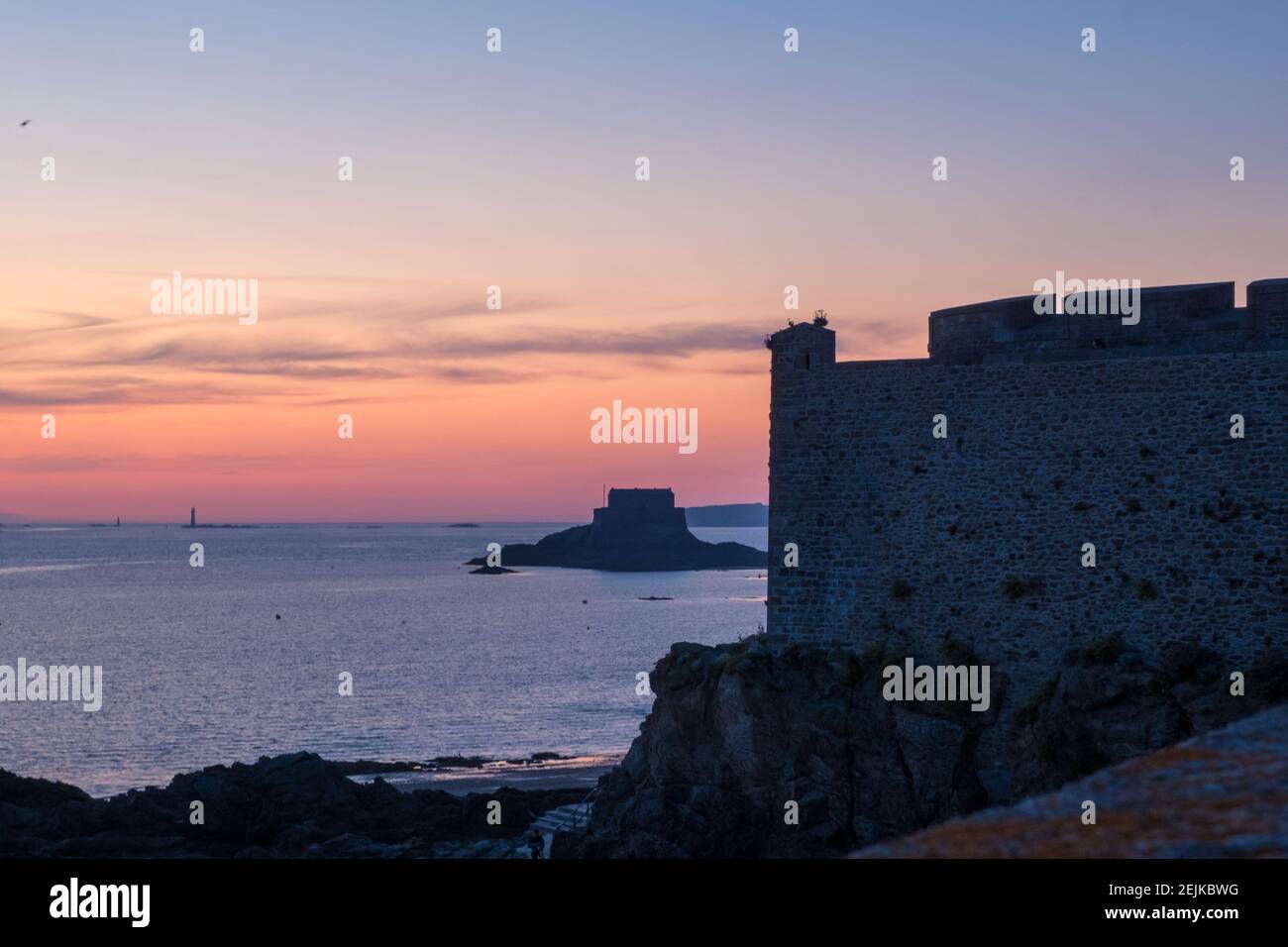 Saint-Malo, France - August 25, 2019: View at sunset from the Historic wall of Intra Muros in Saint-Malo, Brittany Coast on the English Channel Stock Photo