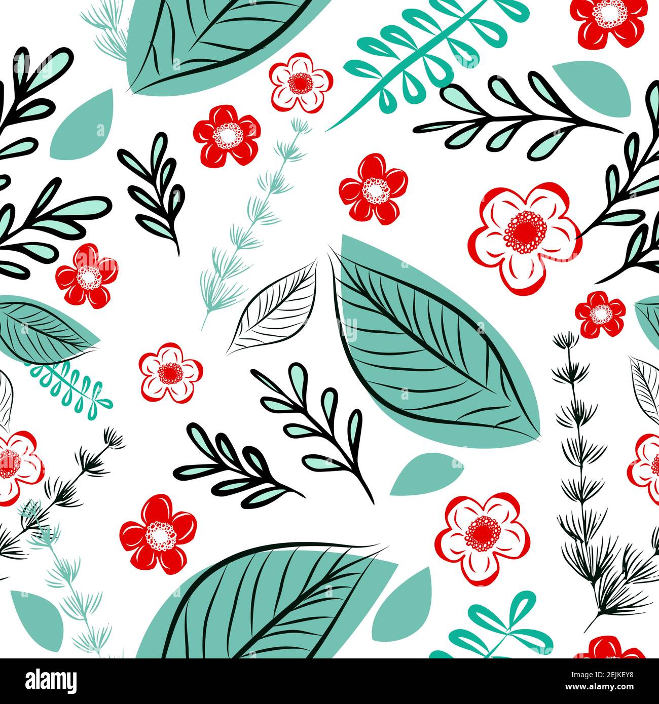 A seamless background with red and blue flowers and leaves. Vector ...