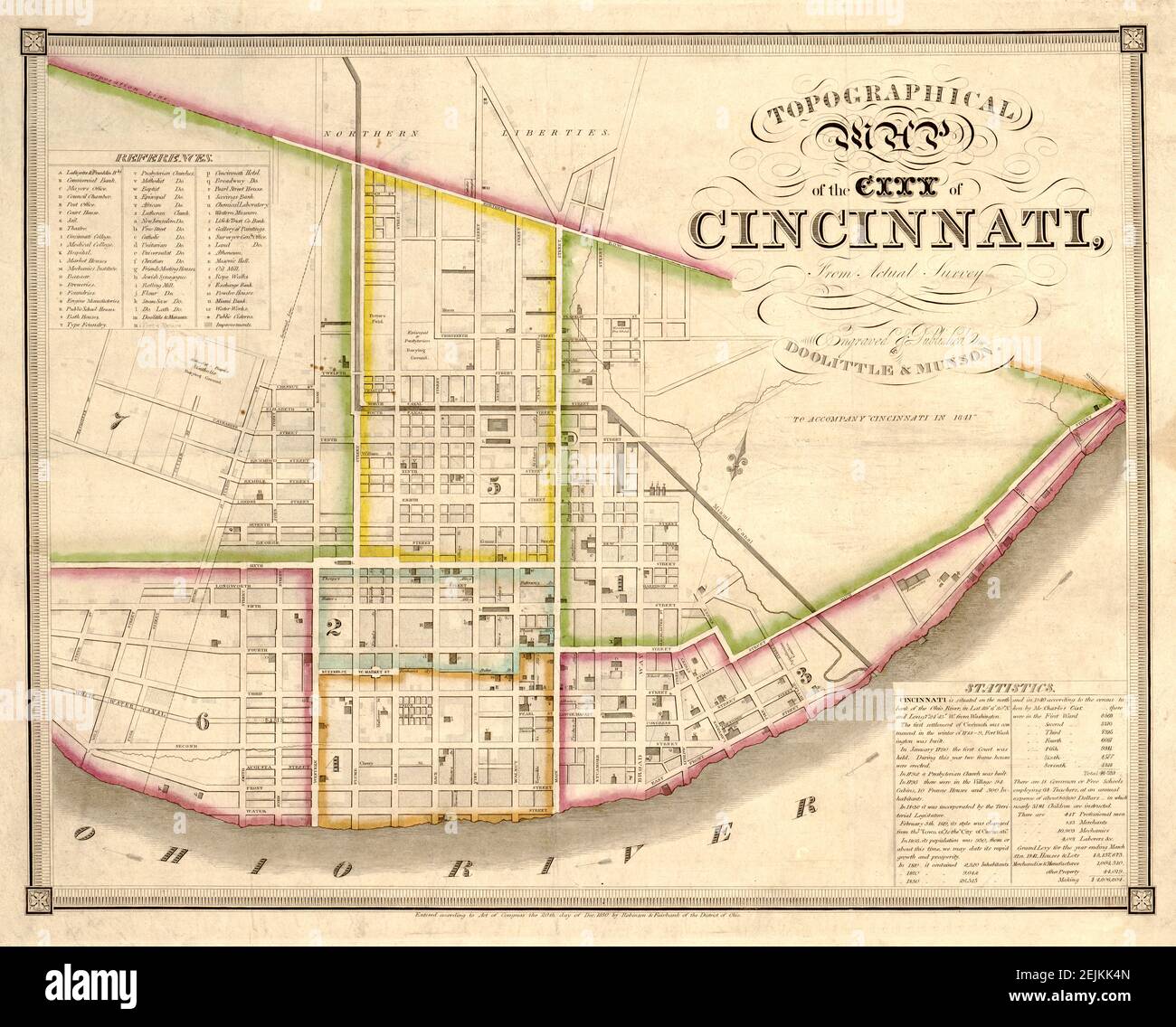 Topographical map of the city of Cincinnati, from actual survey. Published in 1841. Stock Photo