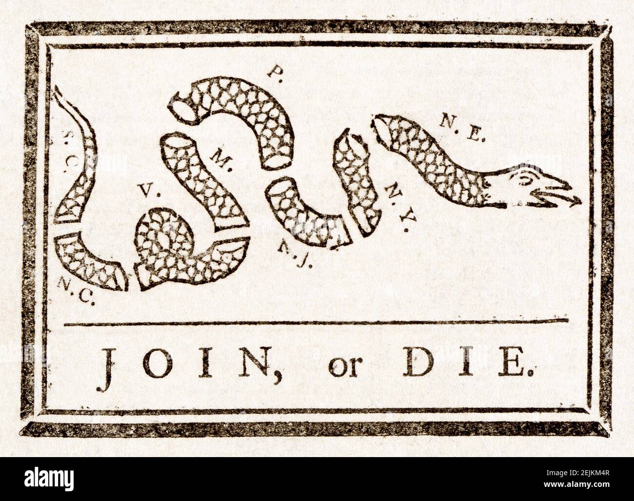 Join, or Die. is a political cartoon attributed to Benjamin Franklin. The original publication by the Pennsylvania Gazette on May 9, 1754, is the earliest known pictorial representation of colonial union produced by an American colonist in Colonial America. Stock Photo
