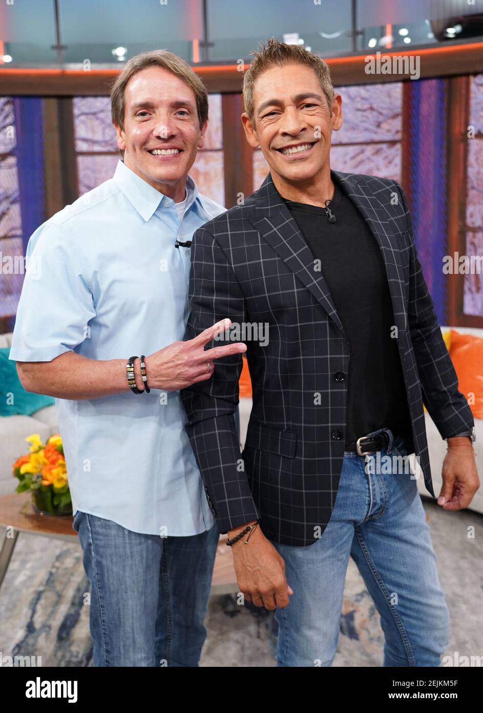 MIAMI, FL - FEBRUARY 19: Rene Farrait and Johnny Lozada of the musical  group Menudo are seen on the set of "Despierta America" at Univision  Studios on February 19, 2020 in Miami,