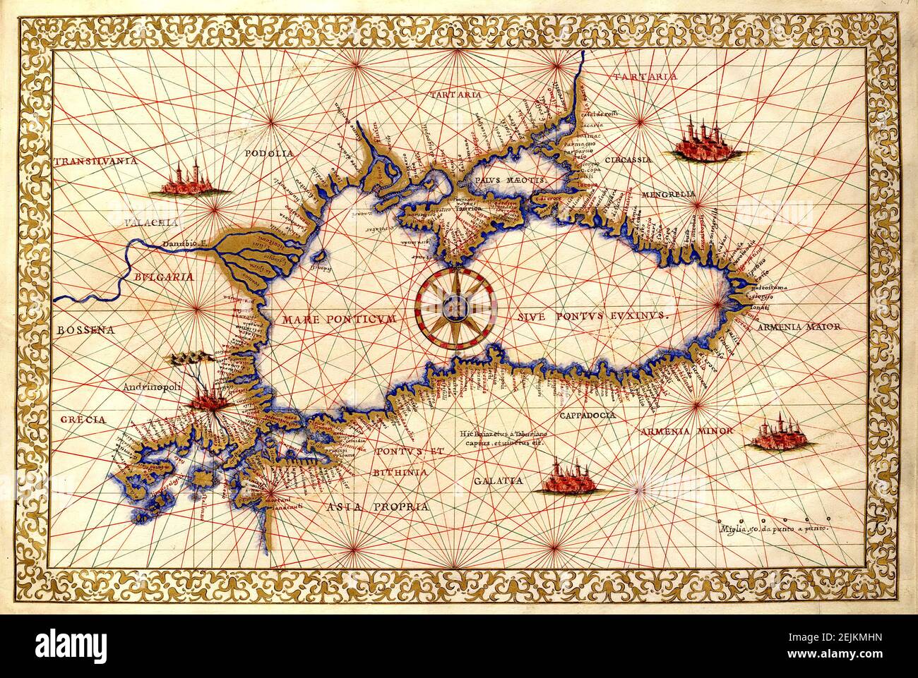 Map of the Black Sea region in the Southeastern Europe. Map was published by Francesco Ghisolfi (1533-1560). Stock Photo