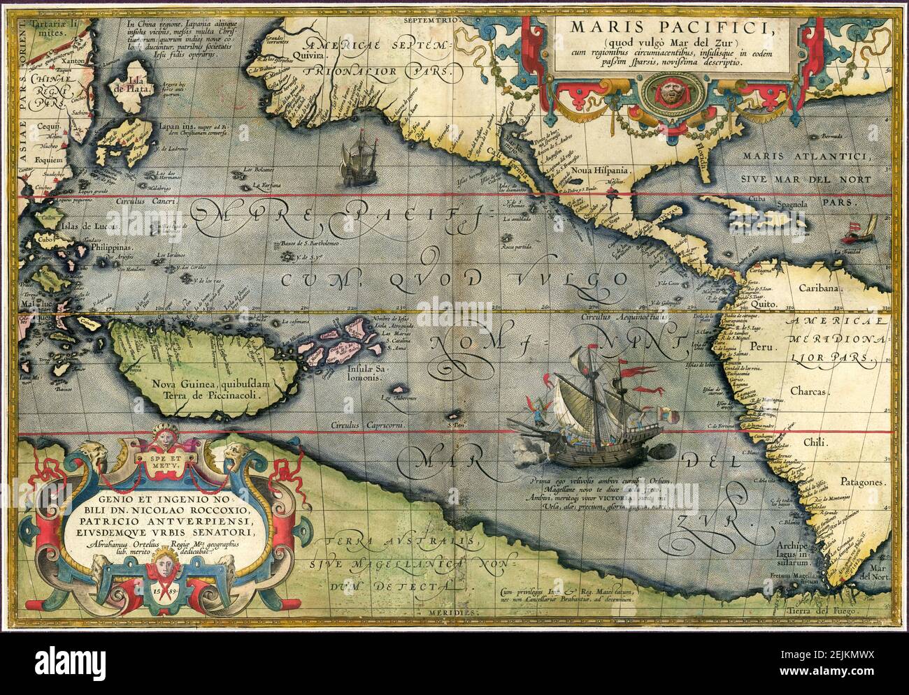 Maris Pacifici by Abraham Ortelius. This map was published in 1589 in his Theatrum Orbis Terrarum. It was not only the first printed map of the Pacific, but it also showed the Americas for the first time. Stock Photo