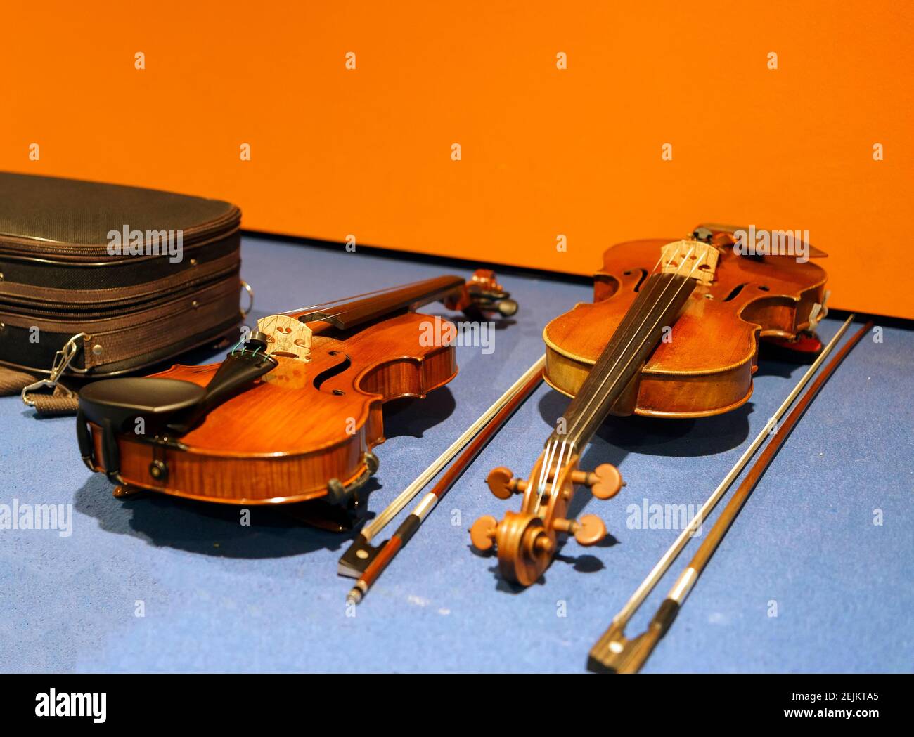 violins in backstage Stock Photo