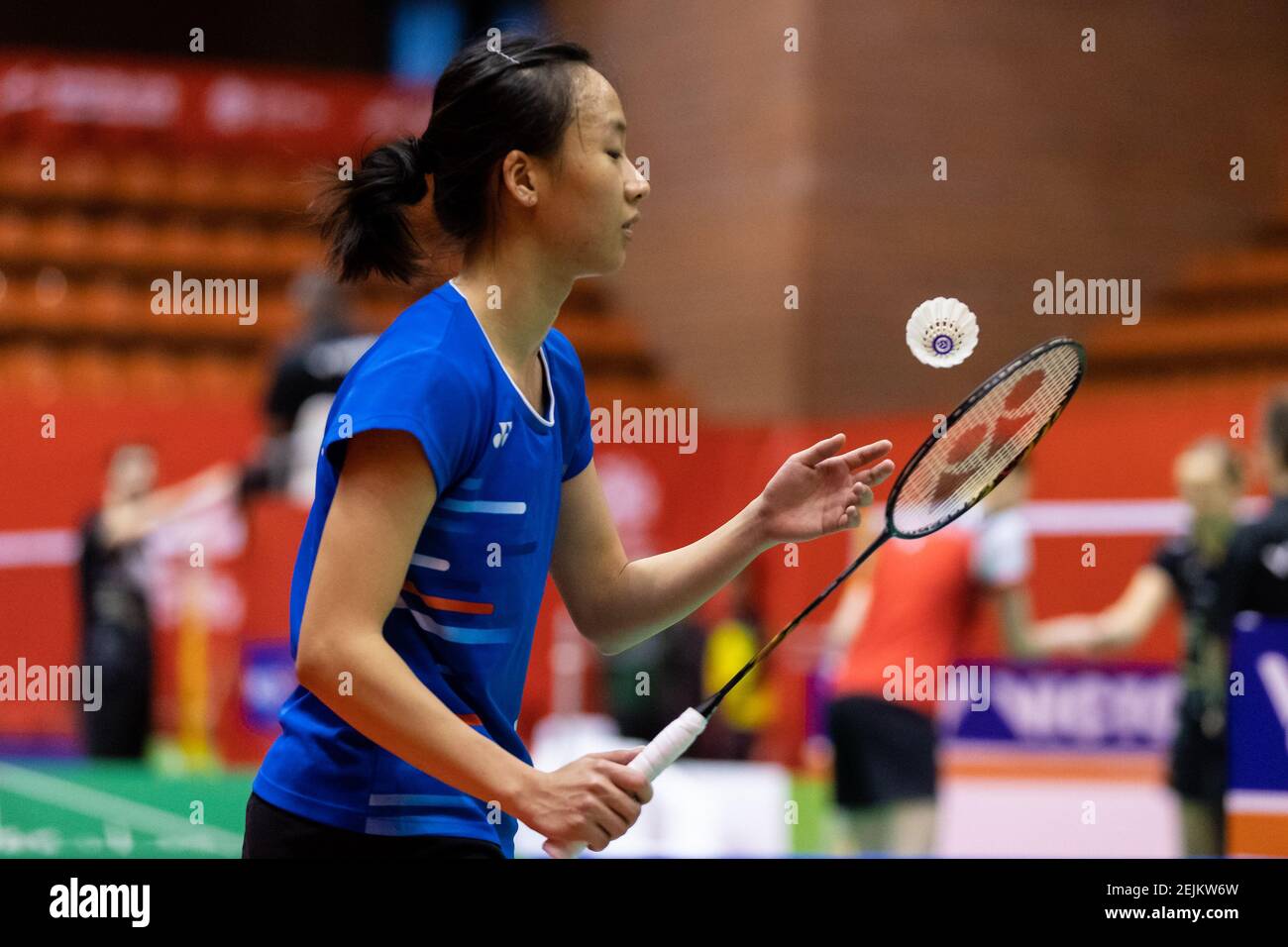 Irina Amalie Andersen of Denmark competes in the Women's Singles  qualification Round 1 match against Iris Wang of USA on day two of the  Barcelona Spain Master at Vall d'Hebron Olympic Sports