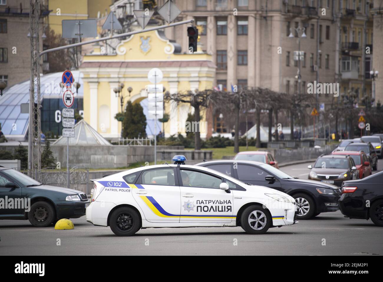 A police car is seen in central Kyiv, Ukraine on Febaruary 20, 2020