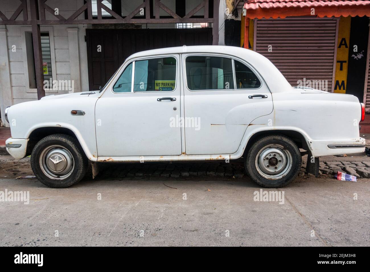 Hindustan Ambassador car parked in Pondicherry street in French quarter Stock Photo