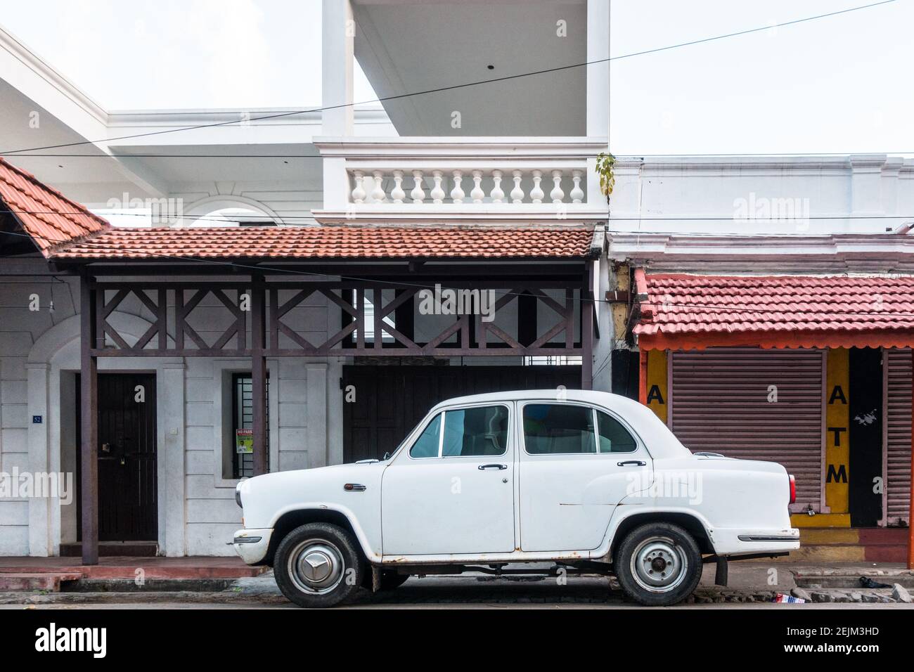 Hindustan Ambassador car parked in Pondicherry street in French quarter Stock Photo