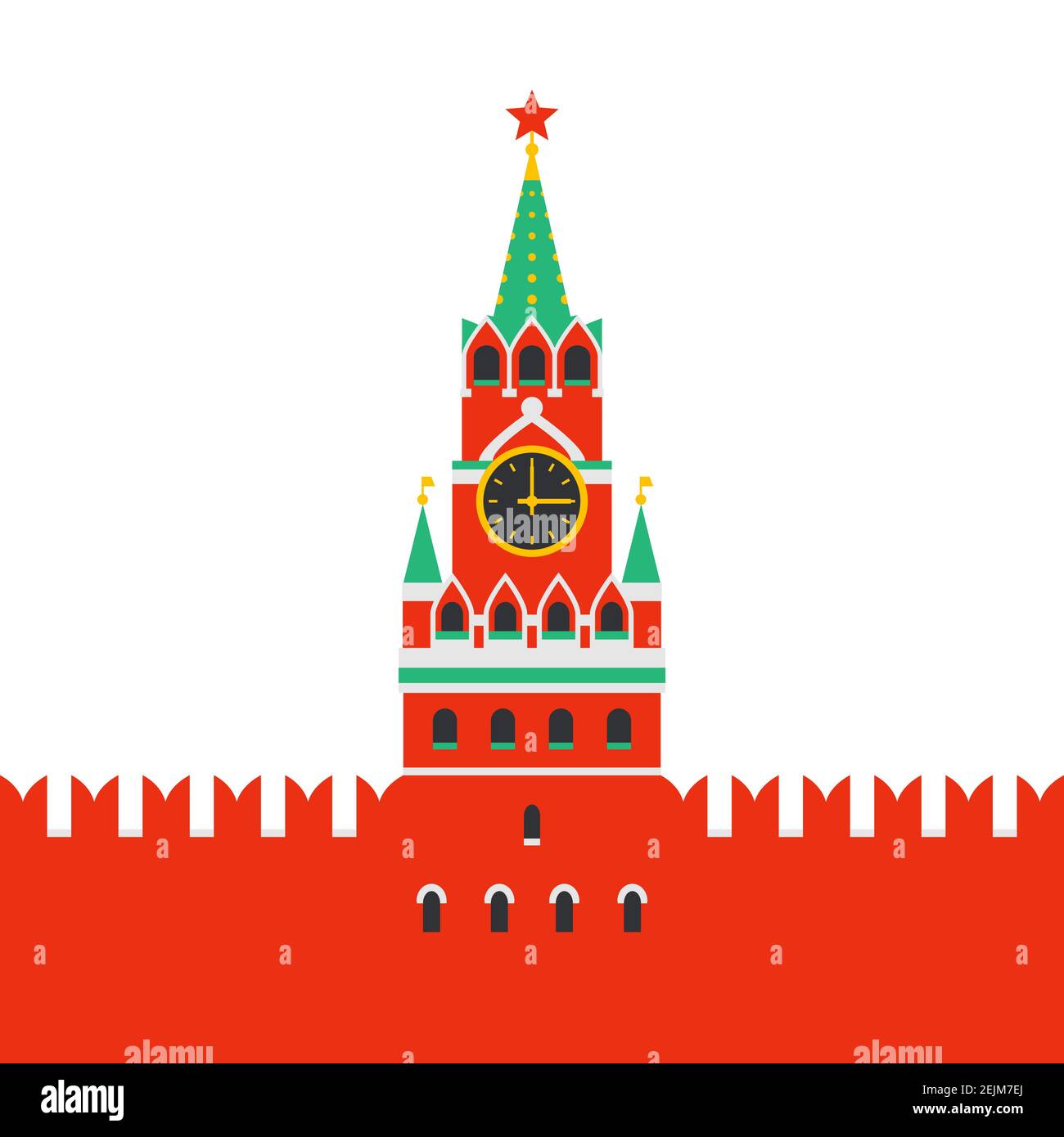 Moscow Kremlin. Spasskaya tower of the Kremlin on red square in Moscow, Russia. Russian national landmark in flat style ob white background. Vector il Stock Vector