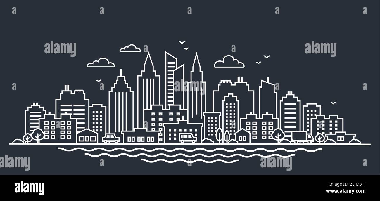 City landscape template. Thin line night City landscape. Downtown landscape with high skyscrapers. Panorama architecture Government buildings Stock Vector