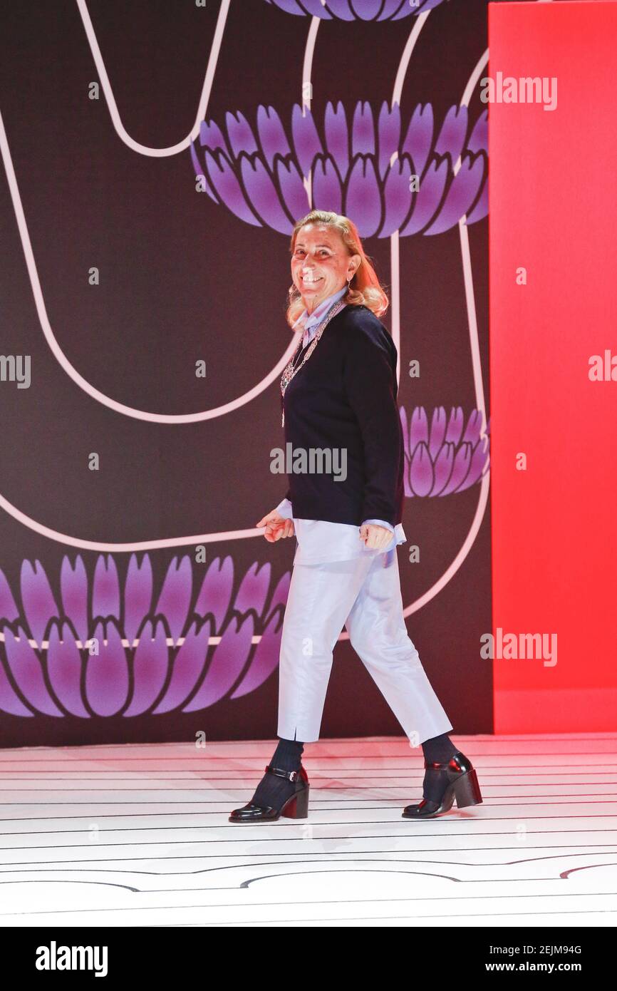 Creative director Miuccia Prada walks on the runway at the Prada fashion  show during Fall / Winter