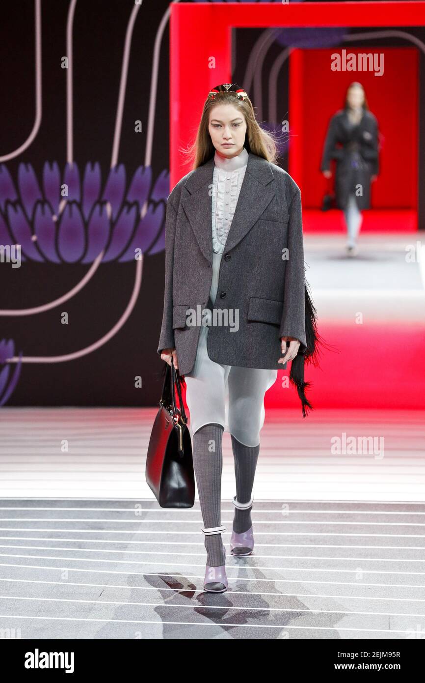 February 20, 2020 (Gigi walking for Prada AW20 Fashion Show in Milan)