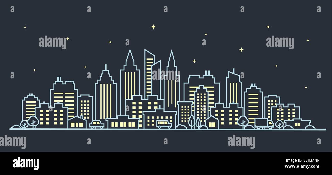 Night City landscape. Thin line night City landscape. Downtown landscape with high skyscrapers on the dark. Panorama architecture Government building Stock Vector
