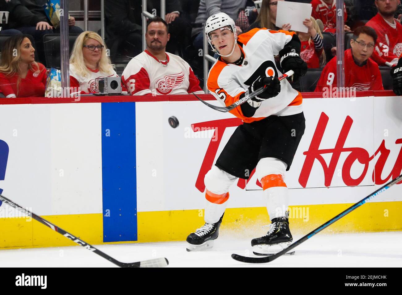 Feb 3, 2020; Detroit, Michigan, USA; Philadelphia Flyers defenseman Philippe Myers (5) passes the puck against the Detroit Red Wings in the first period at Little Caesars Arena. Mandatory Credit: Rick Osentoski-USA TODAY Sports Stock Photo
