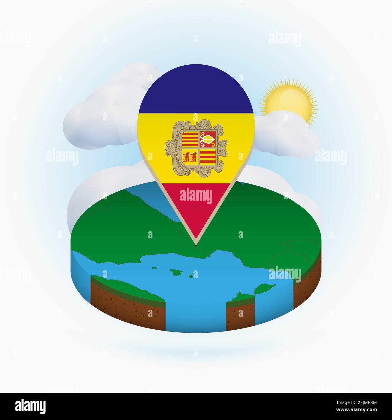 Isometric round map of Andorra and point marker with flag of Andorra. Cloud and sun on background. Isometric vector illustration. Stock Vector