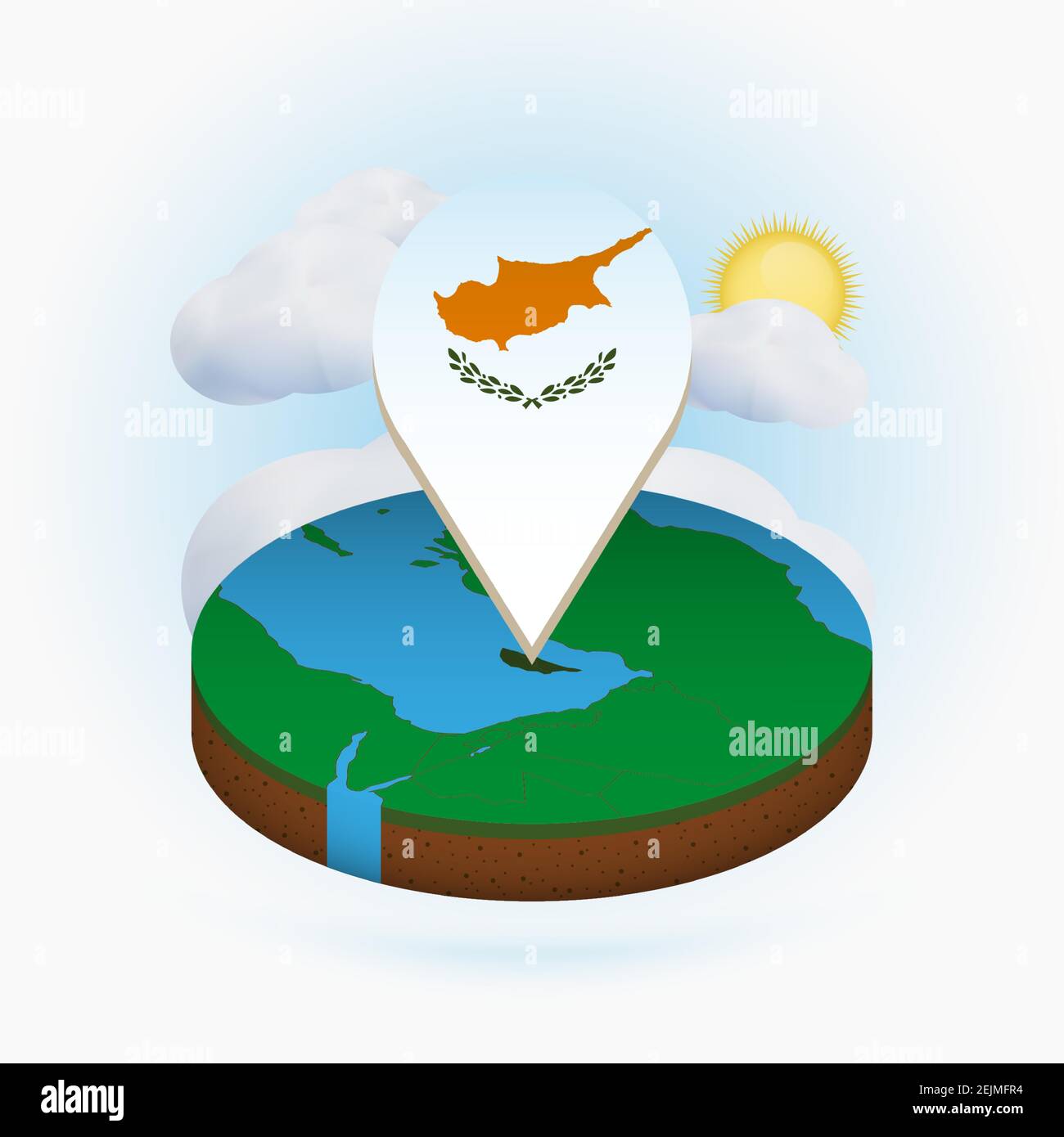 Isometric round map of Cyprus and point marker with flag of Cyprus ...