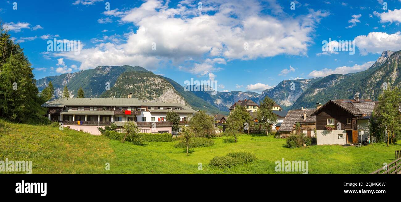 Panoramic aerial view of Famous Hallstatt mountain village, Salzkammergut, Austria in a beautiful summer day Stock Photo