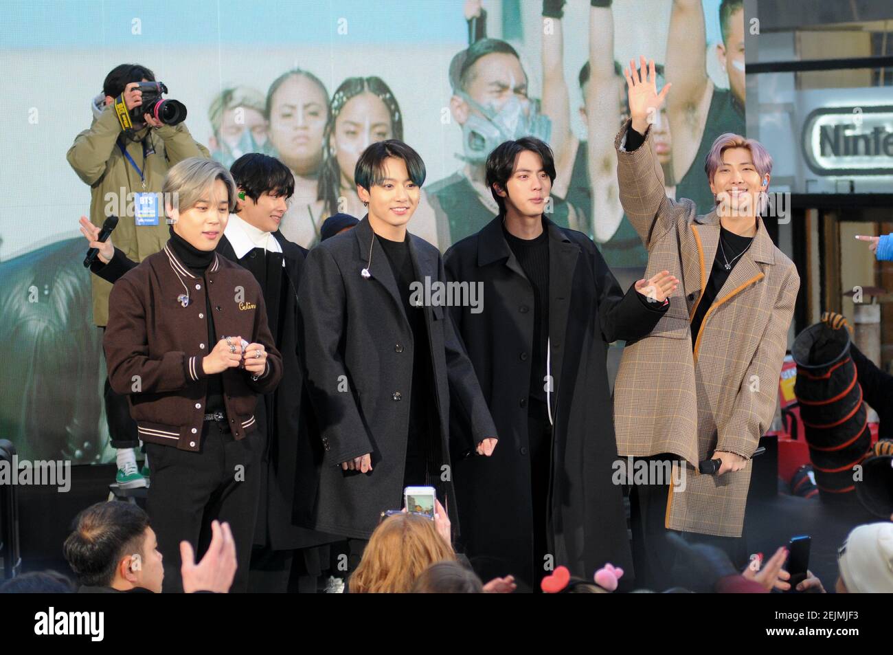 L-R) Jimin (Park Jimin), V (Kim Taehyung), Jungkook (Jeon Jeongguk), Jin  (Kim Seokjin) And Rap Monster (Kim Nanjoon) Of Bts (Bangtan Boys) Band  Visit The Today Show At Rockefeller Plaza In New