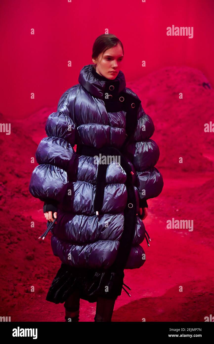 Model walks on the runway at the Moncler fashion show during Fall / Winter  2020 / 2021 Milan Fashion Week in Milan, Italy on Feb. 19, 2020. (Photo by  Jonas Gustavsson/Sipa USA Stock Photo - Alamy