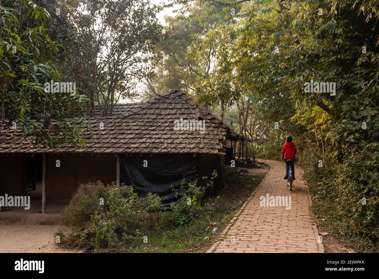 Malda, West Bengal, India - January 2018: A narrow lane going past a thatched roof hut in the village of Pandua in Malda. Stock Photo