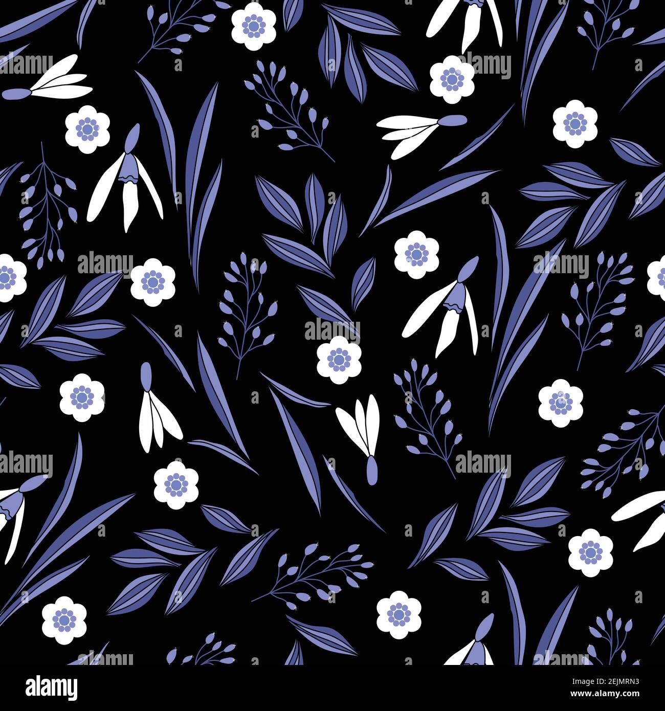 Spring pattern with snowdrop, leaves and small flowers on black ...