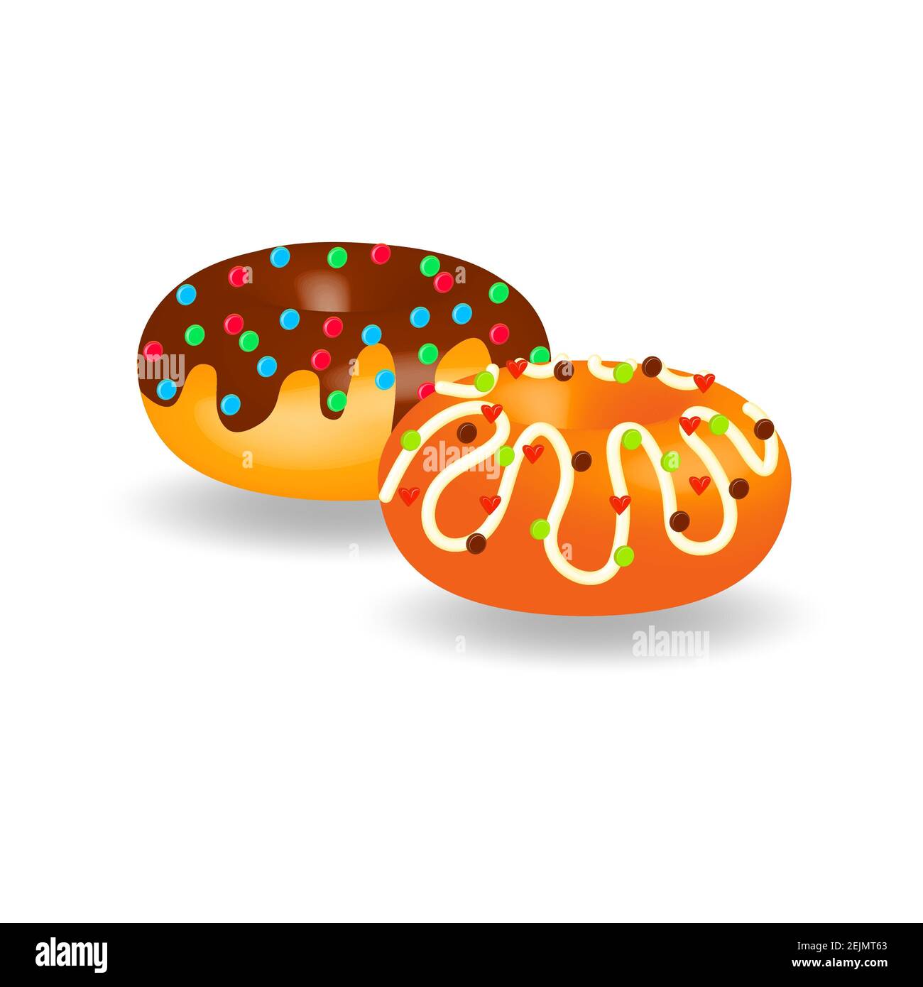 Appetizing sweet colorful donuts isolated on white background close-up. Realistic 3d illustration of donuts with chocolate and white icing. For advert Stock Photo