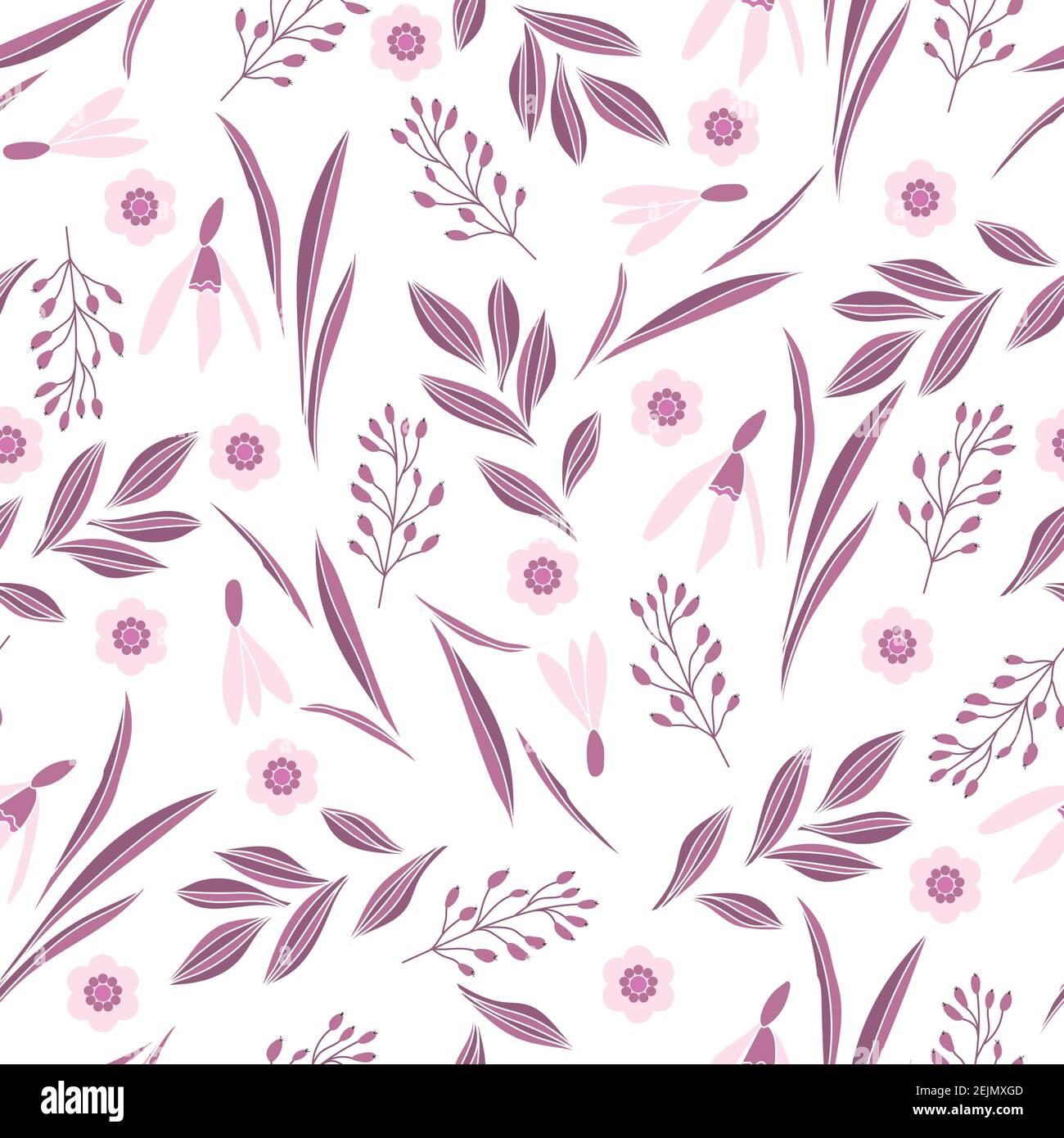Spring pattern with snowdrop, leaves and small flowers on transparent background Stock Vector