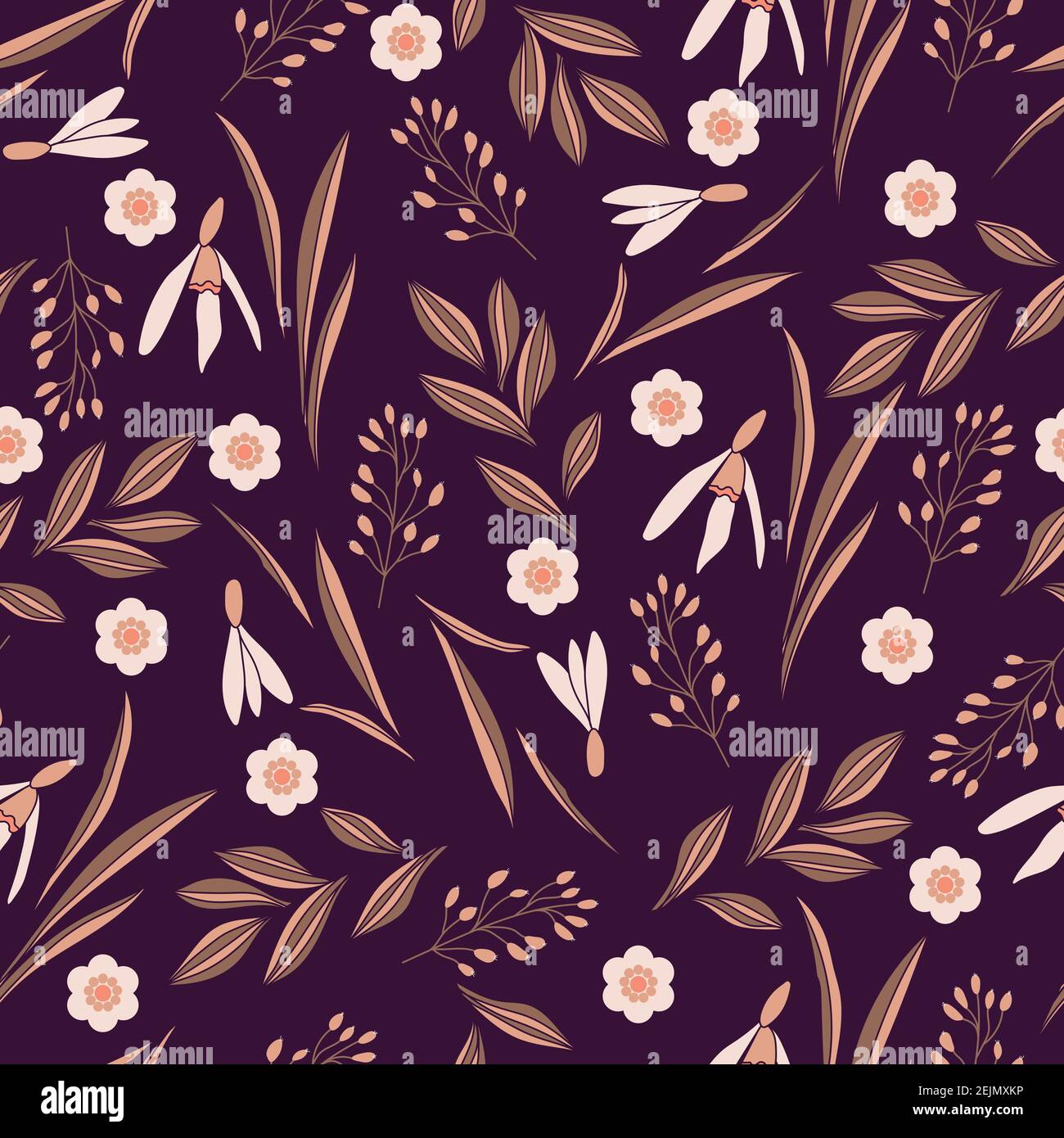 Spring pattern with snowdrop, leaves and small flowers on dark purple ...