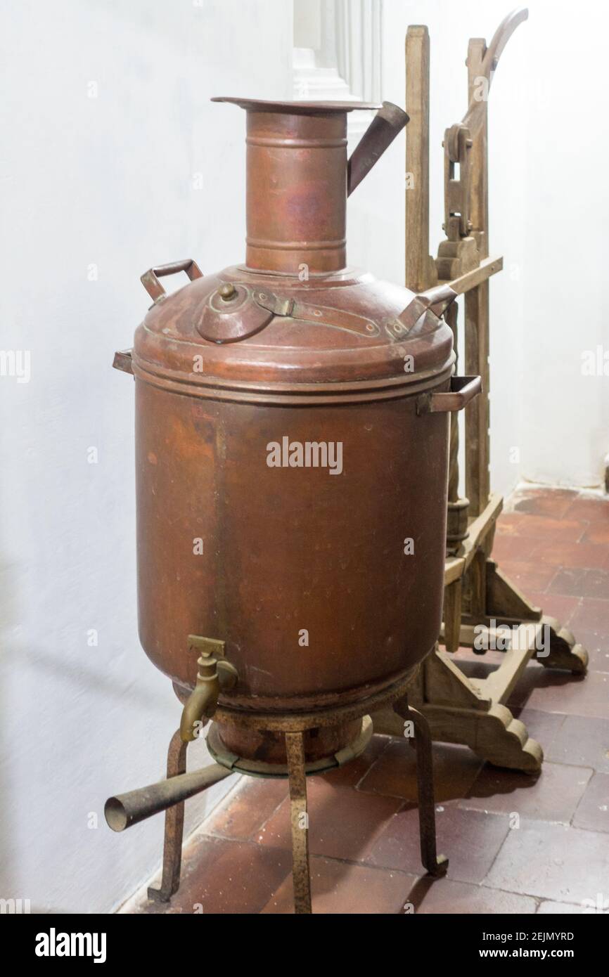 Large copper container boiler used in Tamil Traditional homes to make hot water for shower Stock Photo